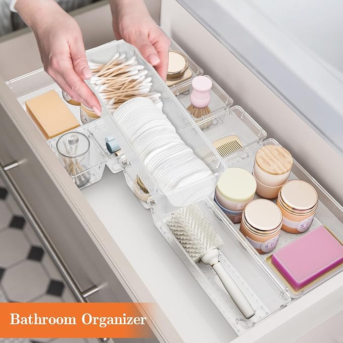 SpaceHacks 25 PCS Plastic Drawer Organizer Set, 4-Size Versatile Organizer Trays & storage Bins for Makeup, Jewelry, and Gadgets in Bathroom, Bedroom and Office,Clear White