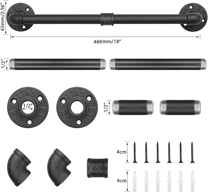 Industrial Pipe Towel Rack Towel Bar, Heavy Duty Wall Mounted Rustic Farmhouse Bath Towel Holder for Bathroom (Black, 18 Inch)