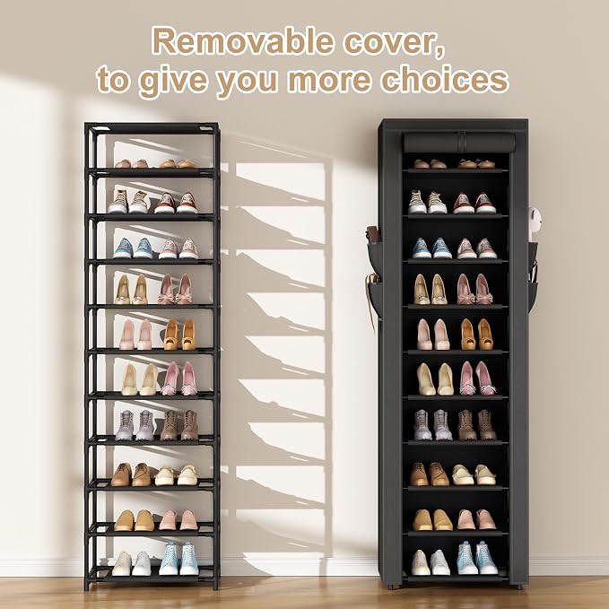 ROJASOP Shoe Rack with Covers 10 Tier Large Shoe Organizer Tall Shoe Closet Storage for 20-22 Pairs Shoe and Boot, Free Standing Shoe Rack Organizer for Closet, Entryway, Bedroom, Black