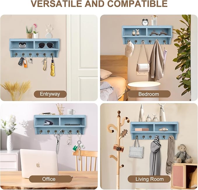 Key Holder Wall Mount with Mail Organizer, 6 Hooks & Shelf, Blue | Wood Key Holder Wall Mount with 6 Key Hooks, Shelf & Storage Box and Mail Organizer for Entryway, Apartment, Home and Office
