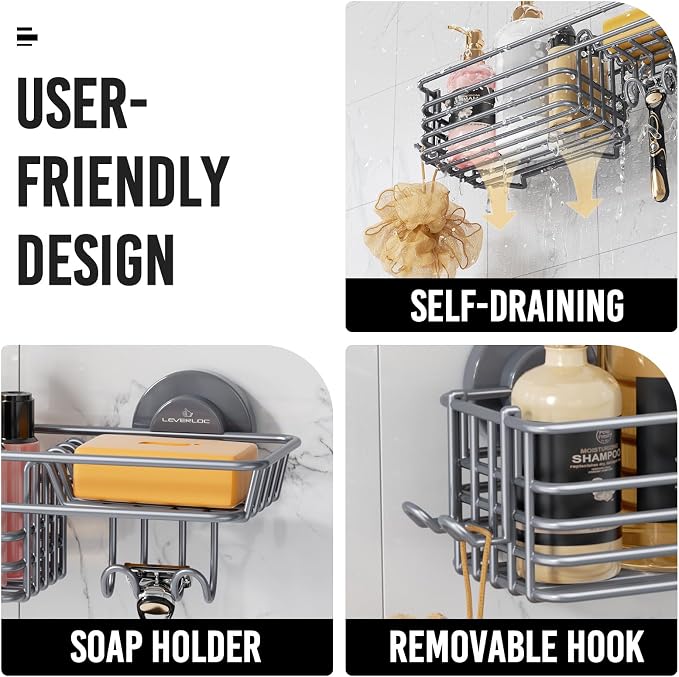 LEVERLOC Shower Caddy Suction Cup, 2 Pack Shelves for Inside with Hooks | Grey Shower Storage, Soap Holder, Shampoo Holder, NO Drill Shower Holder, Rustproof Meatl Bathroom Basket