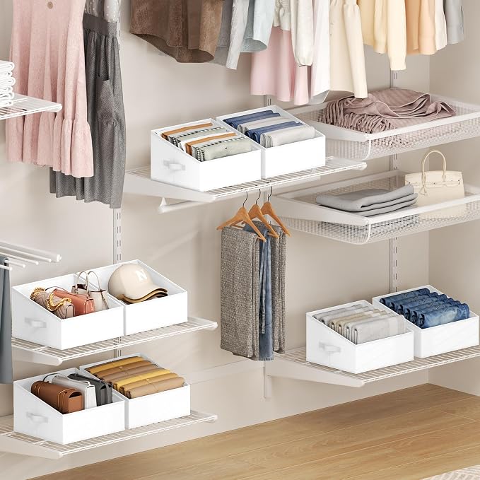 DIMJ Closet Storage Bins 6 Pack - Fabric Trapezoid Organizer Bin, Foldable Storage Baskets for Shelves, Closet Shelf Organizer, Clothing Storage Box for Toys, Books, Towel, Clothes, White