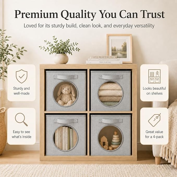 Fabric Storage Cubes with Mesh Window, 13'' Cube Storage Bin, Gray, 4 Pack | See through Round window, Foldable Odor-Free & Sturdy PP Structure, Cubby Baskets for Closet, Shelves, Bedroom and Offices