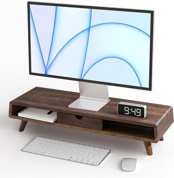 TINAMO Acacia Wood Monitor Stand with Drawer - Wooden Monitor Riser for Desk - Computer Monitor Stand for Desk - Multi-Purpose Desktop Storage Stand for Computer; Laptop; Printer; TV - 24.4 " x 8" x 5" (Walnut color) (Patented)