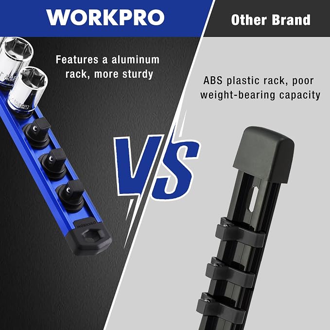 WORKPRO Magnetic Socket Organizer, Heavy Duty 1/2-Inch Drive Socket Rail | 1 Piece Socket Holder with 10 Spots, Aluminum Alloy, Rotatable & Movable Clips, Efficient Organization