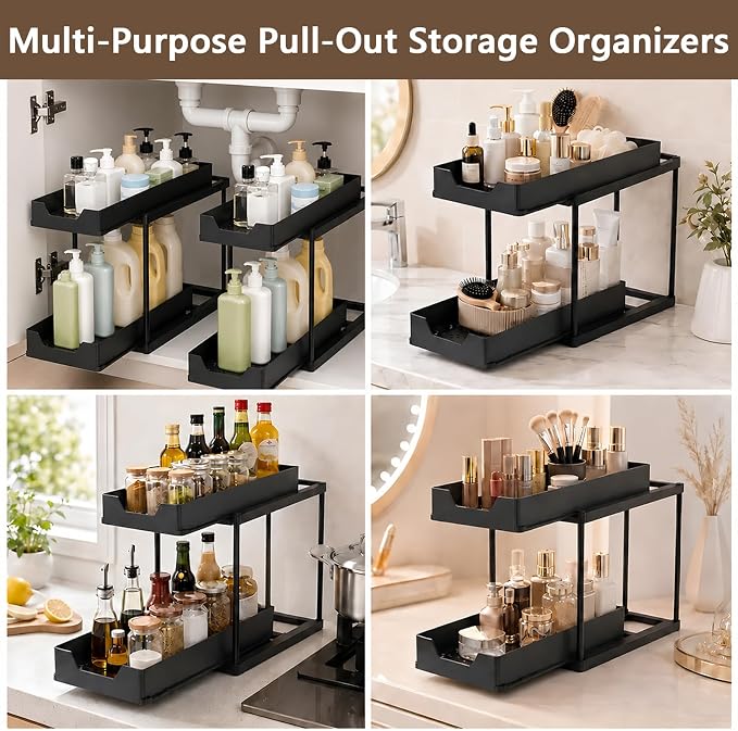Under Sink Organizer for Bathroom & Kitchen, Large Capacity 2-Layer Sliding | Multi-purpose, 2 Tier Pull Out Sliding Drawers, Size:15.6 x 8.5 x 15.2in,Rust Resistant, Sturdy & Durable