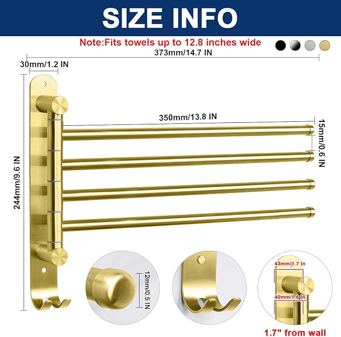 NearMoon Swivel Towel Rack, 13.8" Thicken 304 Stainless Steel 4-Arm Towel Bar, Space Saving Wall Mounted Towel Holder with Hook, Rustproof Swing Out Towel Hanger for Bathroom, Kitchen (Brushed Gold)