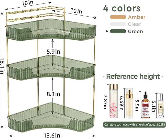 BEFSOP Corner Bathroom Counter Organizer, Upgraded 3-Tier Makeup Organizer Countertop with Makeup Brush Holder, Skincare Exquisite Vanity Organizers Countertop Bathroom Storage Dresser(Green)