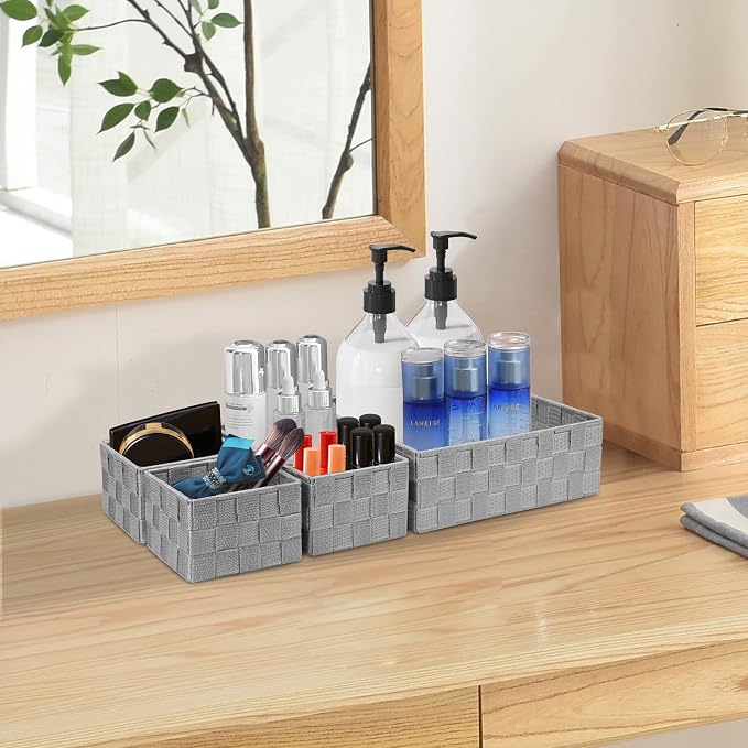Posprica Drawer Organizer Bins,Woven Strap Storage Box Cube Basket Containers Divider for Organizing drawers, Shelves, Closets, Cabinets, Dressers and Countertops,set of 4, Light Grey