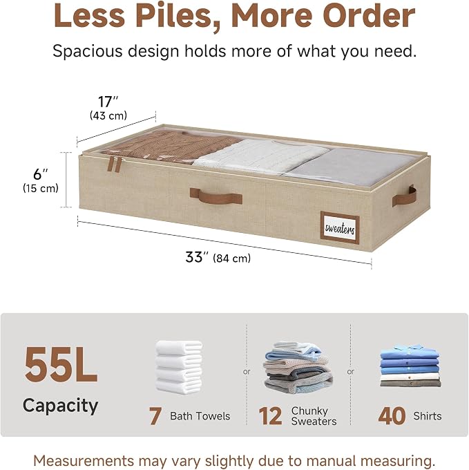 StorageWorks Large Under Bed Storage Containers with Handles and Label Holder, 2 Pack Ultra-thick Fabric Underbed Bins, Closet Organizer for Clothes, Blankets, Sweater