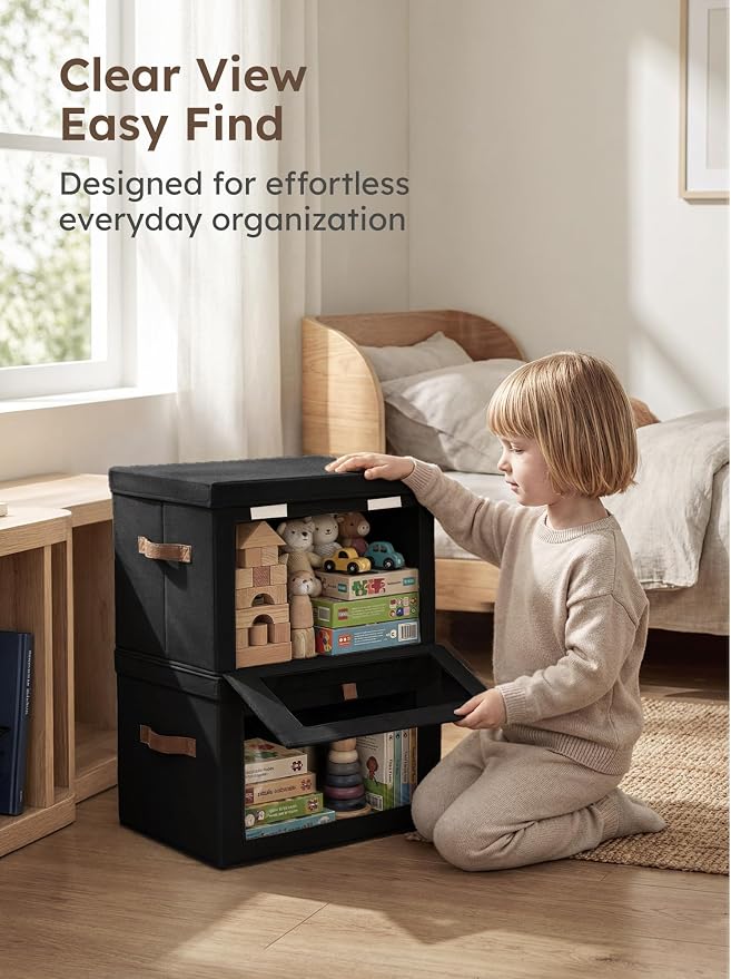 Homsorout Medium Fabric Storage Bins - Closet Shelf Organizer with Open Window, 3 Pack Closet Baskets for Shelves, Stackable Decorative Boxes for Home, Dorm, Black, 13.7" x 9.8” x 9.8"