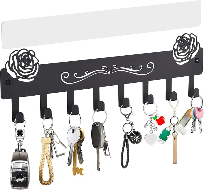 Key Holder Wall Mount with 8 Key Hooks for Wall, Adhesive or Drill | Dual Installation: Wall Key Holder, Modern Key Organizer Wall Mount Key Rack for Entryway, Kitchen, Hallway, RV Decor (Large)