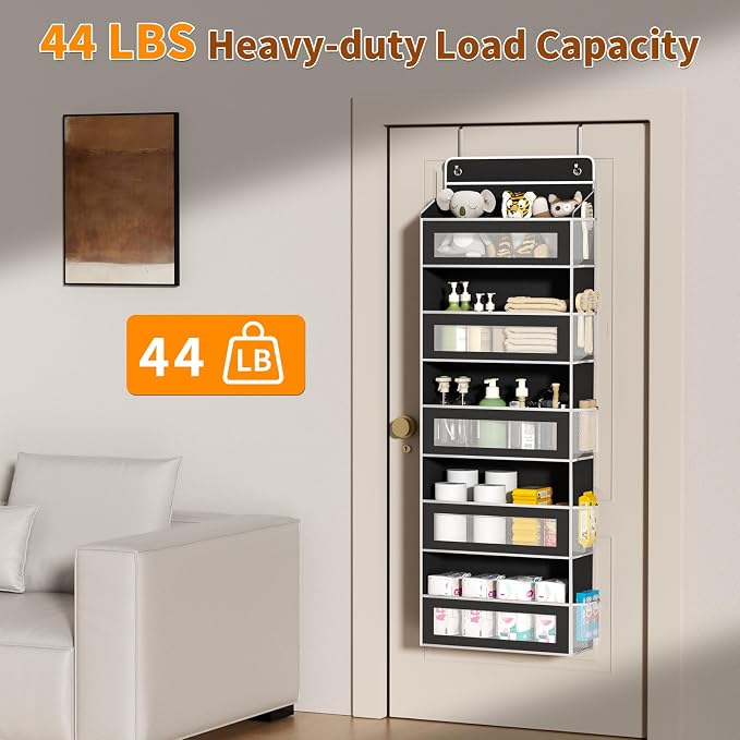 AQOOA 5-Tier Over The Door Organizer 44 lbs Capacity fit Standard Doors | Over the Door Storage 5 Large10 Side Pockets Behind Door Storage, Hanging Shelf for Closet Bathroom Bedroom Nursery, Black