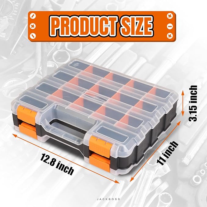 Jack Boss Tool Box with Transparent Lid, Double Side 34-Compartments Organizer Box with Removable Dividers for Hardware, Screws, Bolts, Nails, Beads, Jewelry and Fishing Accessories, Orange, 2 Pack
