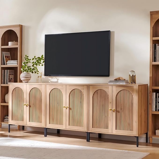 IFGET 92.63" W Modern Arched Sideboard Buffet Cabinet with Storage, Natural | Fluted Arch Sideboard Cabinet w/Adjustable Shelves, Wooden Modular Kitchen Cabinet for Dining& Living Room, Entryway