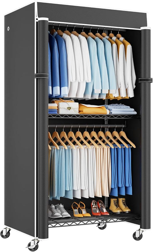 ULIFHOME P8C Heavy Duty Clothes Rack（With Extended Width Design） Rolling Clothing Racks for Hanging Clothes with Lockable Wheels，31.5" W x 15.8" D x 80.5" H，Max Load 600LBS，Black Rack with Black Cover