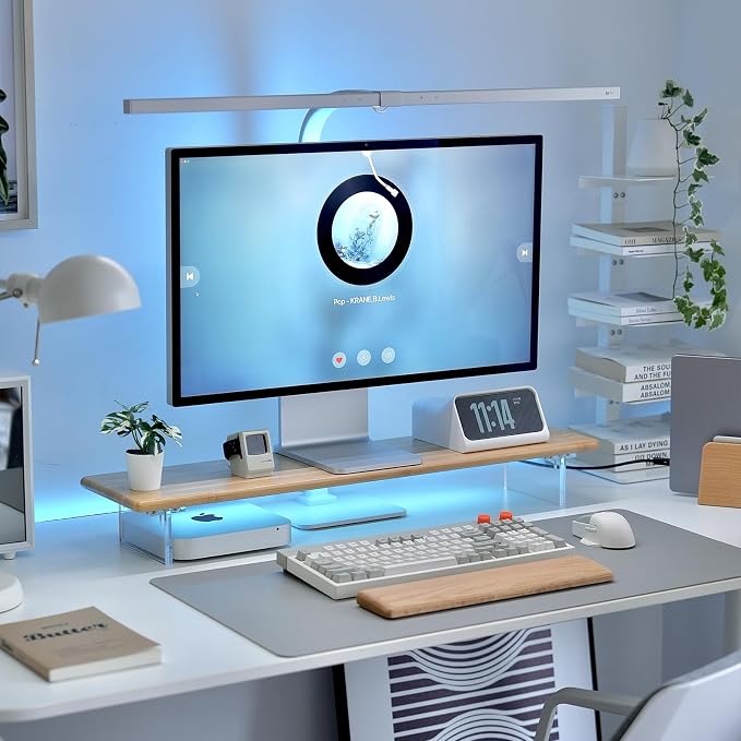 Bamboo Monitor Stand, Desk Shelf with Acrylic Legs and RGB Lights | 31.5-Inch Wide, 3.3-Inch Clearance, Fits Monitor, Laptop, Printer and Speakers for Small Desks