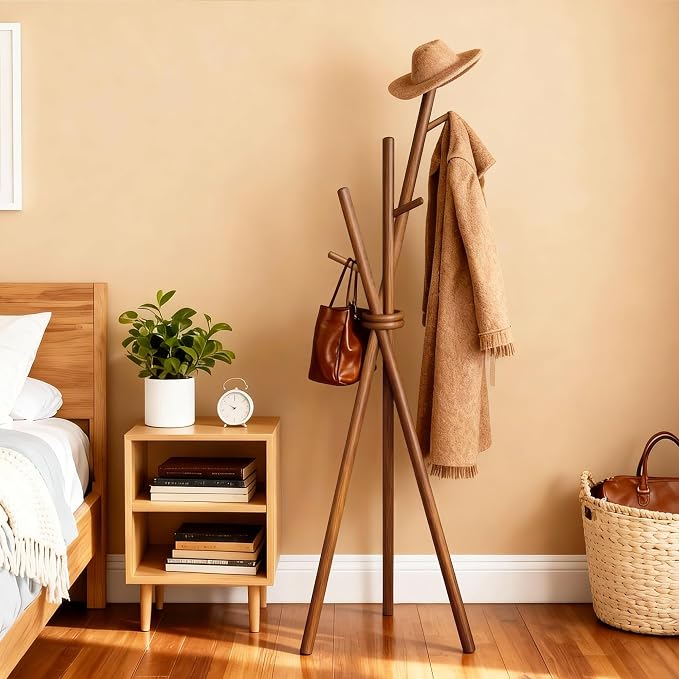 VICITON Wooden Coat Rack, Tripod Coat Tree Freestanding with 3 Hooks for Clothes, Hats and Handbags, Coat Hanger Stand for Bedroom, Living Room, Entryway (Dark)