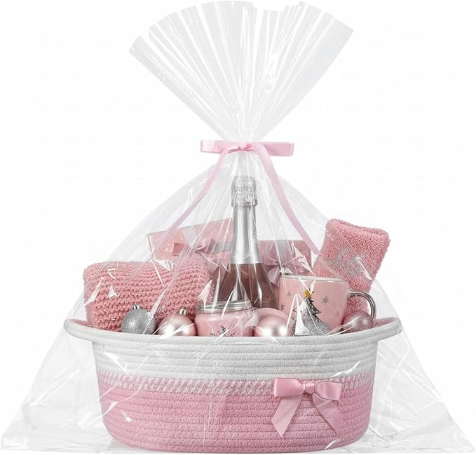 Colingmill 1 Set Woven Empty Basket for Gift,Pink White | with Cellophane Wrap Set, 14 x 10 x 5.5 Inch, Medium Decorative Gift Basket, Cotton Rope Storage Box, Home Decor