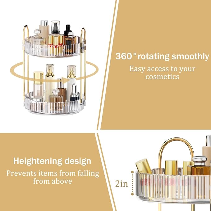 MOKANI 360 Rotating Makeup Organizer for Vanity, 2 Tier Perfume Organizer | Adjustable Multi-Function Spinning Cosmetics Skincare Storage for Bedroom, Dresser, Countertop, Clear