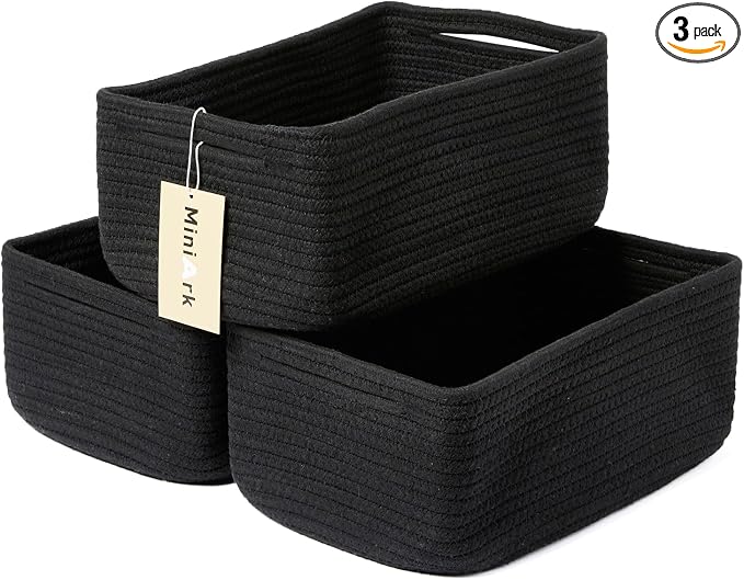 MiniArk Small Storage Baskets for Organizing | Closet Organizer Bins | Shelf Toy Basket | Woven Rope Baskets | Cube Decorative Box | Shallow Basket | 13x8.5x5.1” | 3 Packs Black