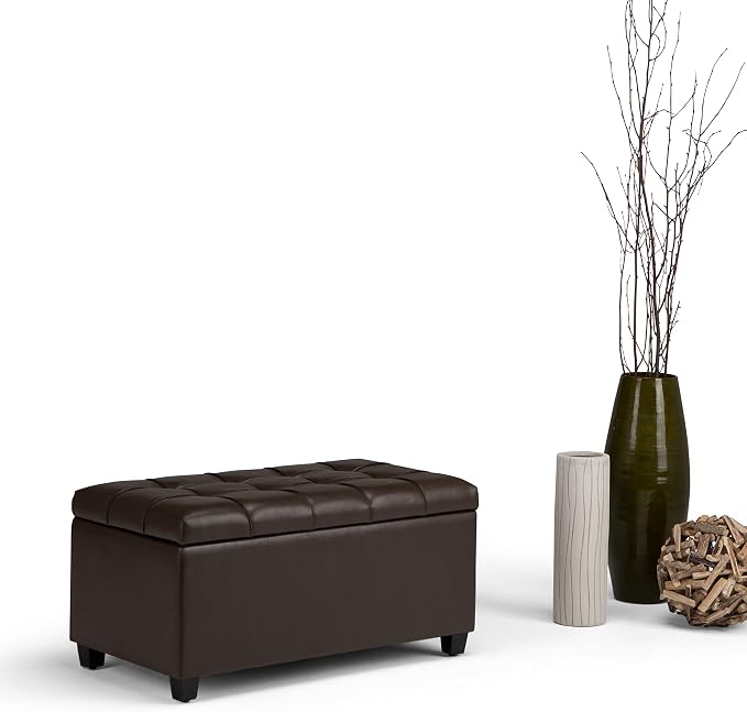 SIMPLIHOME Shiloh 48" Wide Vegan Leather Rectangle Ottoman in Saddle Brown | Transitional ottoman with tufting and lift-up lid; rectangle storage bench for living room or entryway.
