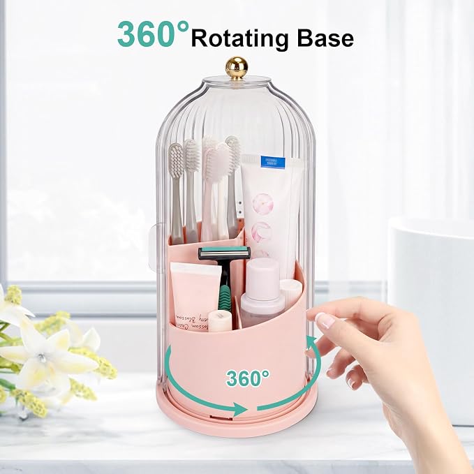 QIYVLOS Toothbrush Holders with Sliding Lid, Rotating 3 Slots Bathroom Organizer Countertop, Tooth Brush Toothpaste Holder Bathroom Counter Stand Sink Organizer Caddy for Makeup Brushes Holder (Pink)