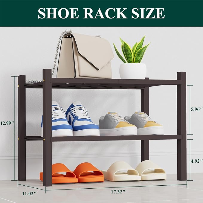Smiry Bamboo Shoe Rack, 14 Vertical Slats, 2 Tier - 17.3" Wide, Brown | Stackable Free Standing Wooden Shoe Organizer, Wood Shoe Storage Shelf for Closet, Entryway, Thicher Leg