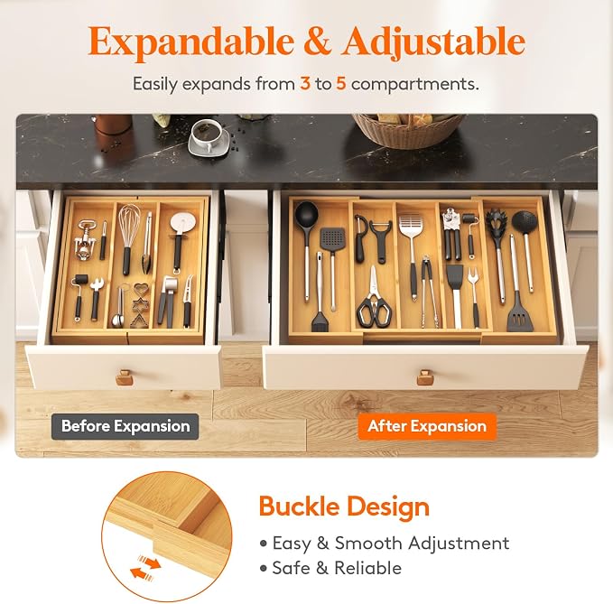 Lifewit Utensil Organizer for Kitchen Drawer, Expandable Cooking Utensil Tray, Cutlery Silverware Flatware Holder, Wood Adjustable Spatula Tools Storage Divider, 15.6-28 x 18.5, Natural