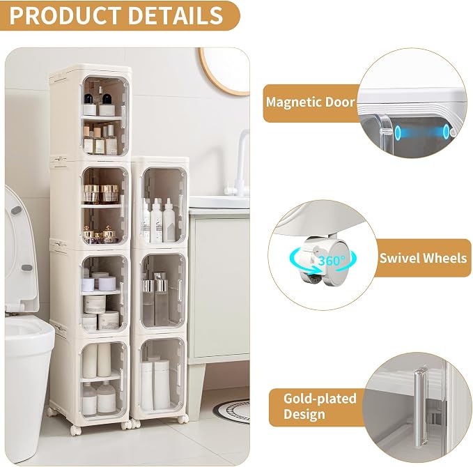 4-Tier Tall Narrow Slim Bathroom Storage Cabinet, Cream White | Tool Free Assembly, Adjustable Shelves, Fits for Narrow Spaces, Reinforced Stability, Magnetic Clear Door