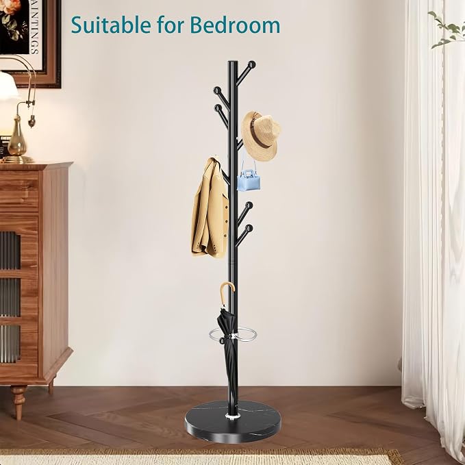 OIRUMIE Coat Rack,Metal Coat Rack Frestanding,Black Coat Stand for Entryway | Coat Rack Stand with Marble Base & Umbrella Holder,Modern Coat Hanger Stand,Coat Clothes Tree Stand for Hallway,Office