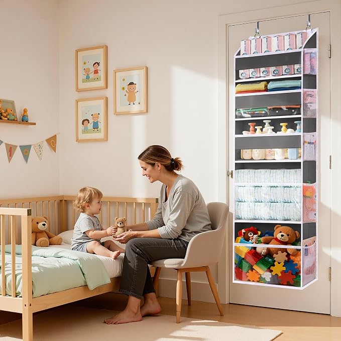 5 Tiers Over Door Organizer with 10 Mesh Side Pockets, 44 lbs Weight Capacity Hanging Storage Organizer with Clear Window Kids Toys, Shoes, Diapers, Dark Gray