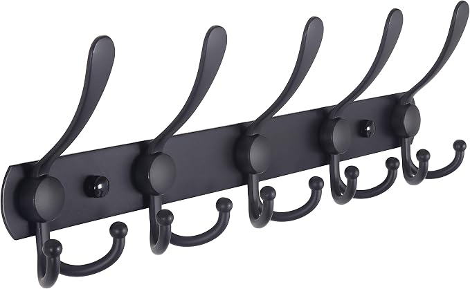 Dseap Coat Rack Wall Mounted - 5 Tri Hooks, Heavy Duty, Stainless Steel, Metal Coat Hook Rail for Coat Hat Towel Purse Robes Mudroom Bathroom Entryway,Black