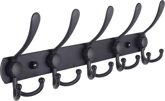Dseap Coat Rack Wall Mounted - 5 Tri Hooks, Heavy Duty, Stainless Steel, Metal Coat Hook Rail for Coat Hat Towel Purse Robes Mudroom Bathroom Entryway,Black