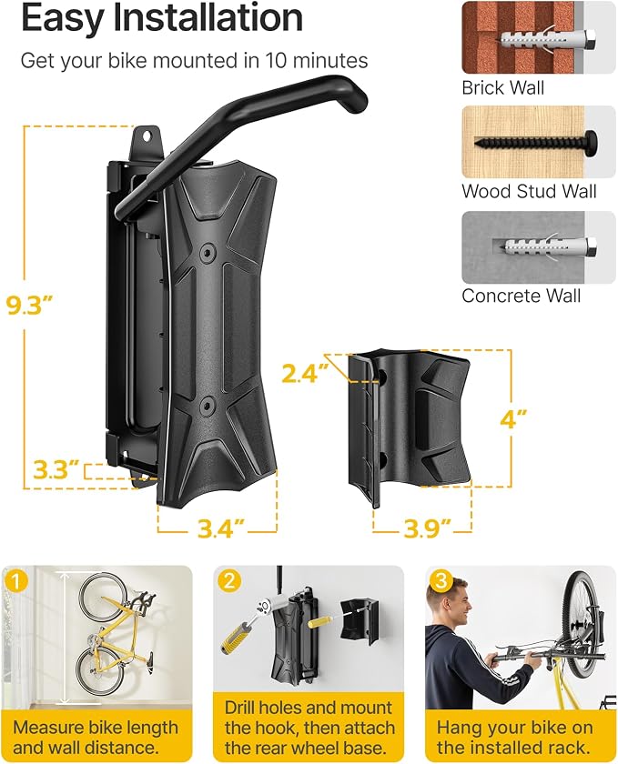 monTEK Heavy Duty Swivel Bike Wall Mount Holds Up to 77lbs, 4 Pack | Swivel Bike Wall Hanger, Up to 3.5" Tire Width, Space-Saving Bike Rack, Bike Storage for Garage Tool Room Storehouse