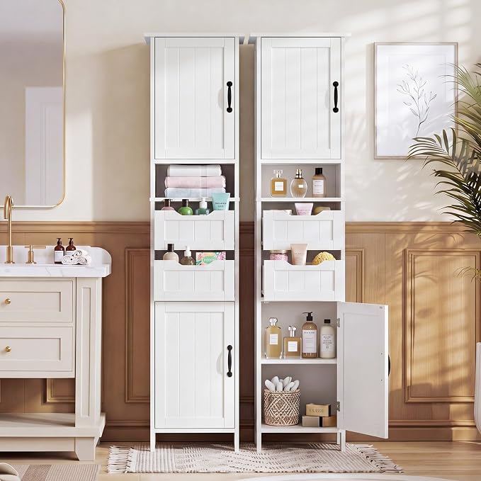 GRUSIGN 67" Tall Bathroom Storage Cabinet, Narrow Bathroom Cabinet with 2 Doors, 2 Drawers and 2 Adjustable Shelves, Slim Storage Cabinets for Kitchen, Living Room, Entryway, White