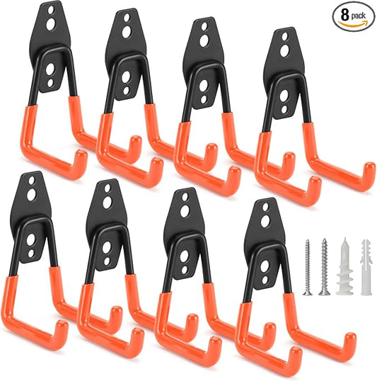 8 Pack Heavy Duty Garage Hooks Storage Organizer Wall Mount Power and Garden Tool Hangers, for Hanging Ladders, Ropes, Hose, Bulk Items