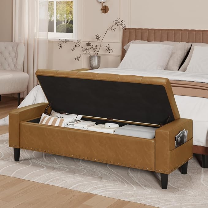 60" Storage Ottoman Bench, Faux Leather Upholstered Bed Bench with Tufted Buttons and Nailhead Trim, Large Ottoman with Storage for King Size End of Bed, Bedroom, Entryway, Hallway (Camel)