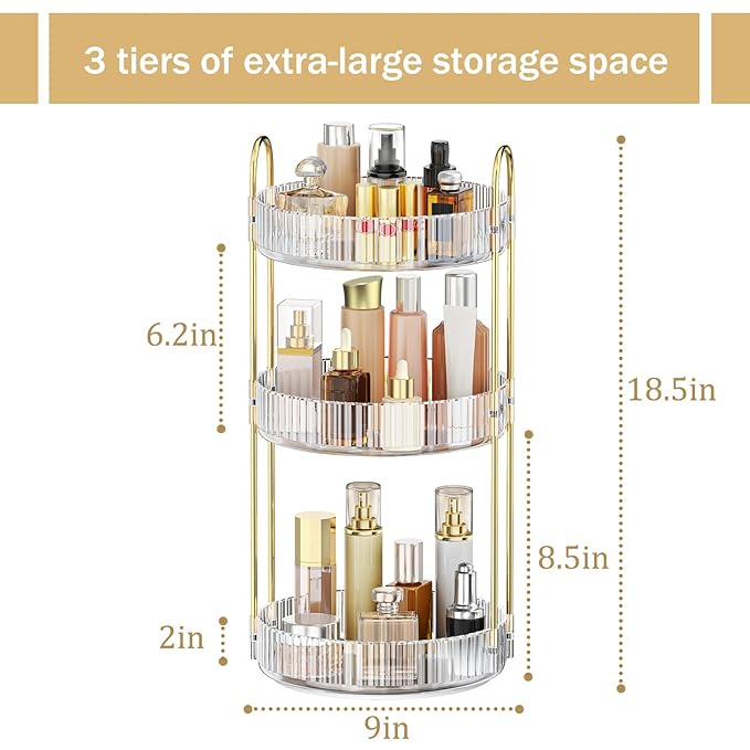 MOKANI 360 Rotating Makeup Organizer for Vanity, 3 Tier Perfume Organizer | Adjustable Multi-Function Spinning Cosmetics Skincare Storage for Bedroom, Dresser, Countertop, Clear