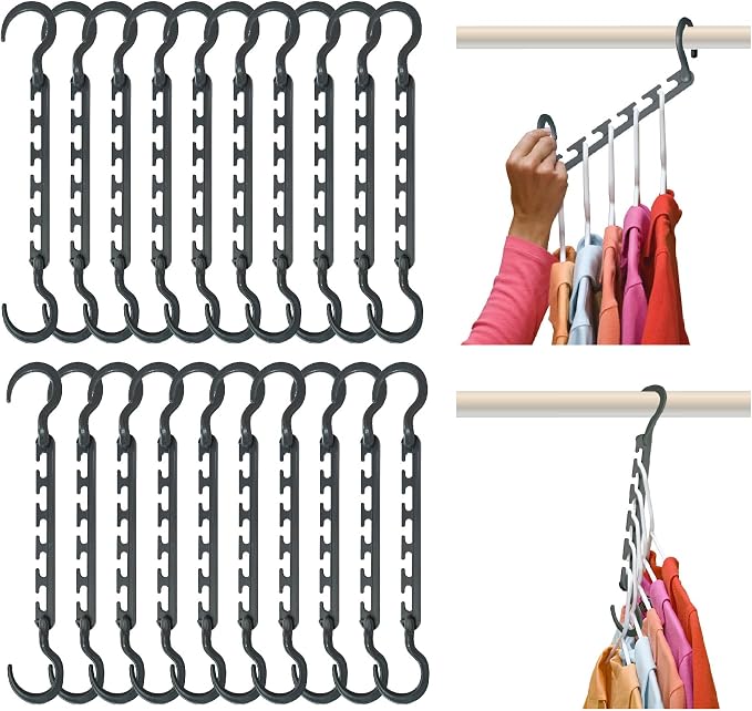 Wonder Hanger Max 20-Pack Space-Saving Hangers, 360° Hooks, Grey | Maximize closet space with 20 assembled cascading hangers and reinforced 360° swivel hooks—ideal for dorms and storage.