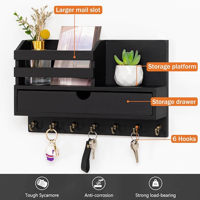 dreampossible Key and Mail Holder for Wall, Mail Organizer Wall Mount with 6 Hooks and Storage Drawer, Wooden Key Rack Hanger with Shelf for Entryway and Home Decor