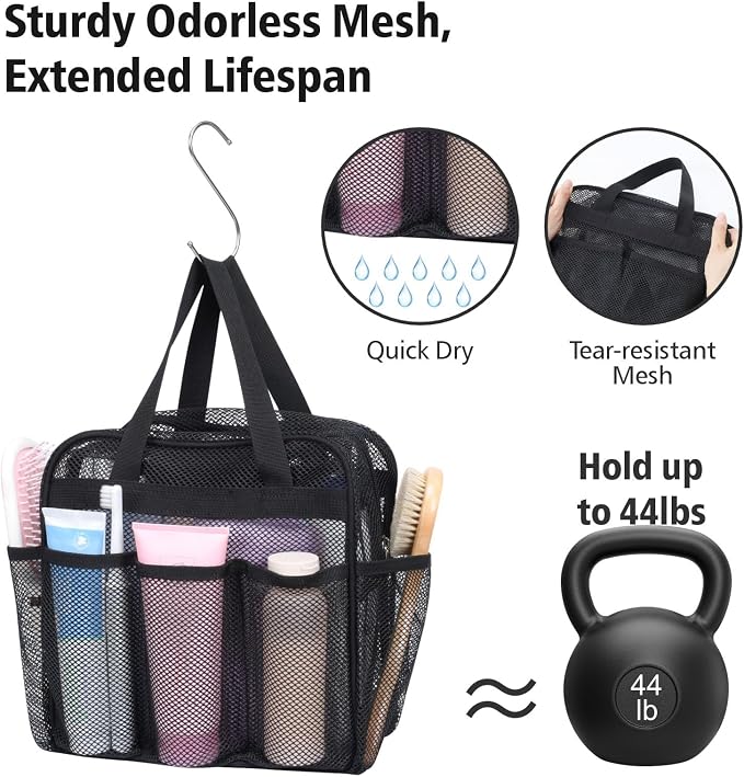 Mesh Shower Caddy Portable with Zipper - 2-Handle Shower Bag for Dorm | 8 Deep Pockets, S-Hook, Quick-Dry Mesh, College Dorm Room Essentials for Girls, Camping, Gym, Travel & Bathroom, Black