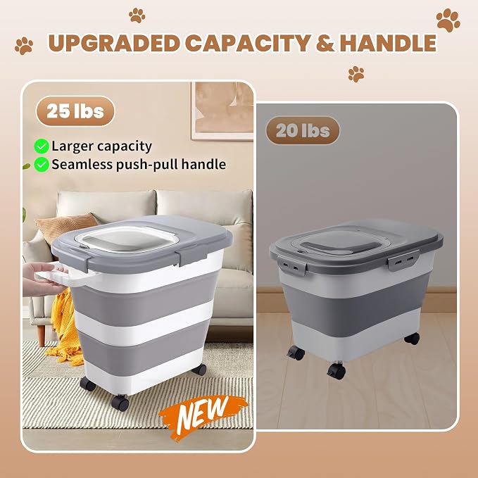 23-25Lbs Airtight Dog Food Storage Container,Collapsible Dog Food Container | Large Pet Food Storage Container with Lid,Wheels,Handle,Scoop,Small Cat Food Container for Dog Cat