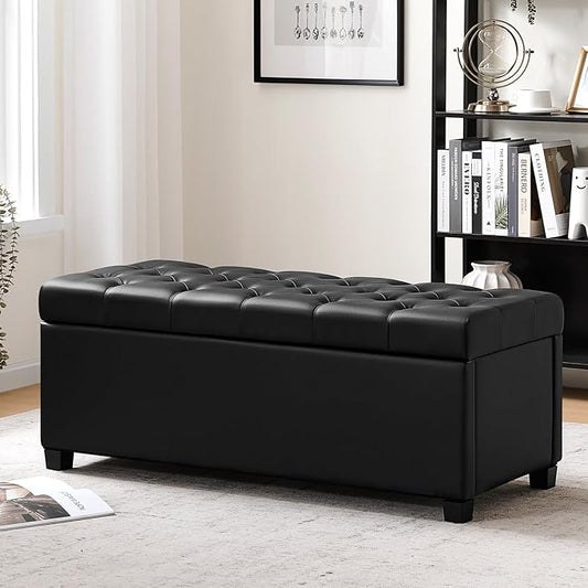 Living&Giving Leather Storage Ottoman Bench for Bedroom, 47.2", Black | 47.2'' faux leather storage ottoman with safety hinge, tufted seat and spacious hidden storage for everyday organization.