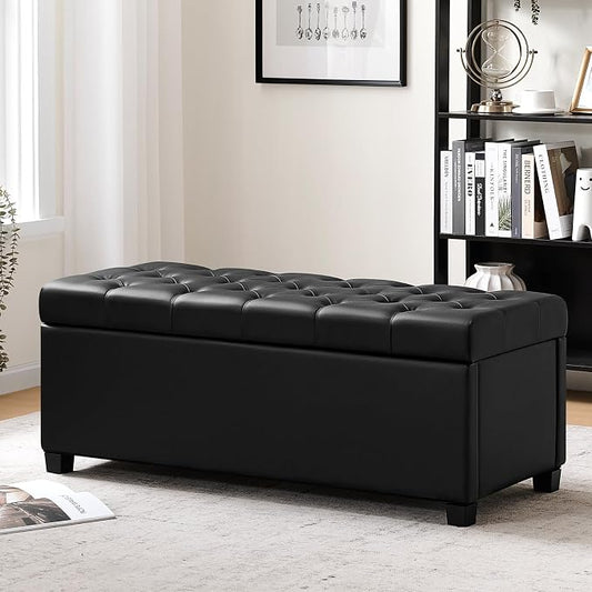 Living&Giving Leather Storage Ottoman Bench for Bedroom, 47.2", Black | 47.2'' faux leather storage ottoman with safety hinge, tufted seat and spacious hidden storage for everyday organization