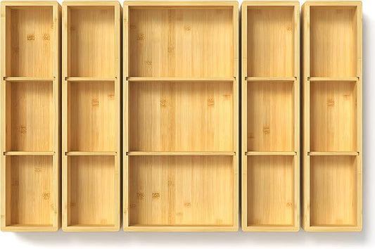 DUJEN 5 pieces Bamboo Drawer Organizer, Adjustable 3 Individual Junk Drawer organizer for Bathroom and Kitchen, Wood Drawer Organier Boxes for Jewellery, Make up and Tea Bag