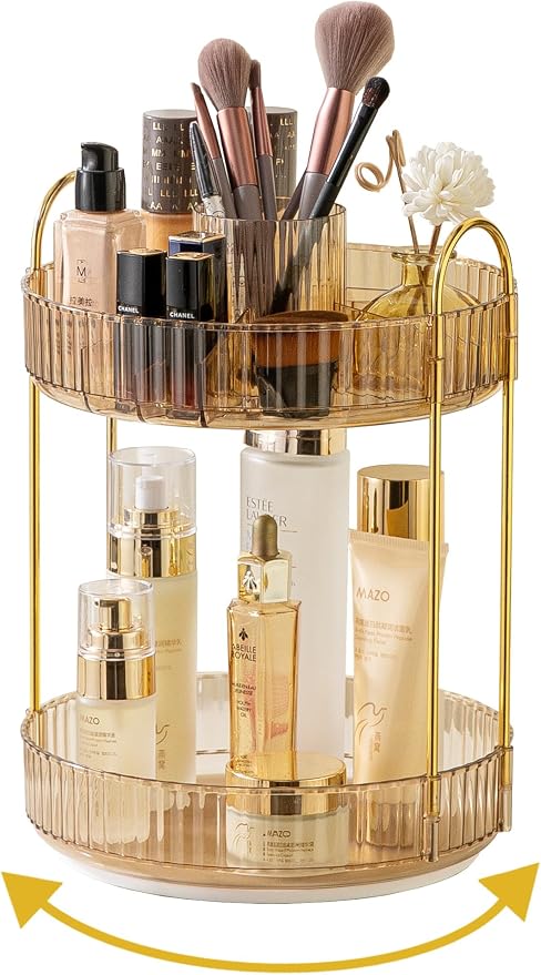 Asayuee 360 Rotating Makeup Organizer,2 Tier Large Capacity Make Up Organizers and Storage,Skincare Perfume Vanity Organizers,Bathroom Cosmetics Storage Organizer Countertop(Gold)