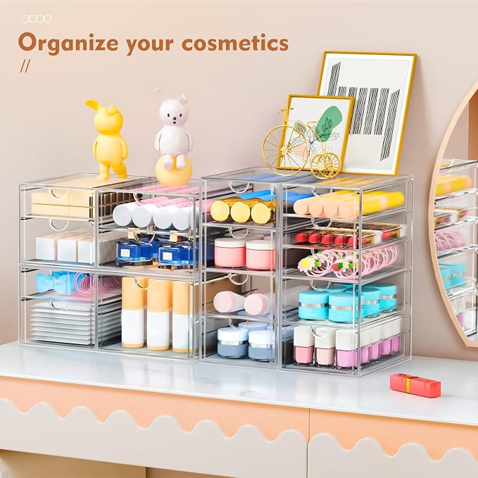 ARSTPEOE 22-Drawer Acrylic Storage & Makeup Organizer for Desk, Bath | Smooth-glide drawers, clear acrylic, stackable, dustproof, wipe-clean, for lipsticks, lip glosses, blushes, pen