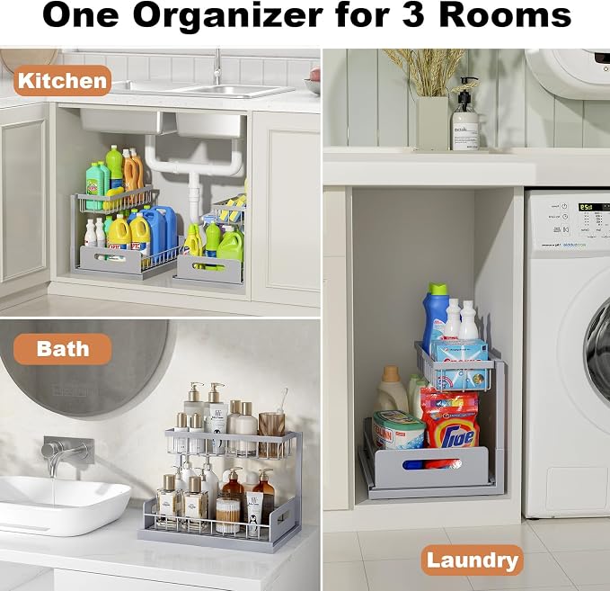 REALINN Under Sink Organizer, Pull Out Cabinet Organizer 2 Tier Slide Out Sink Shelf Cabinet Storage Shelves, Storage for Kitchen Bathroom, Grey, 2 Pack