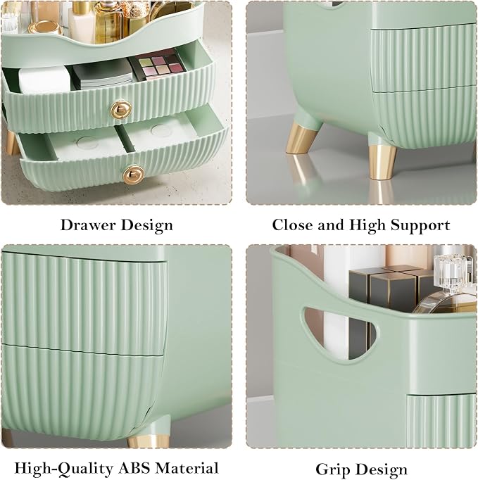 Makeup Organizer Countertop, Large Capacity Skincare Organizer for Vanity | Cosmetics Organizer with Drawes & Handle, Cosmetic Display Cases Storage Box for Dresser, Bathroom, Gifts for Women(Green)